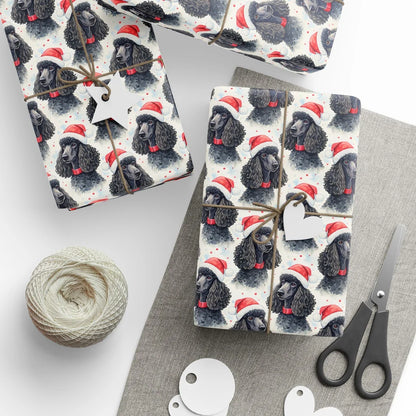 Black Poodle Santa Christmas Wrapping Paper — styled gift wrapping with scissors and twine