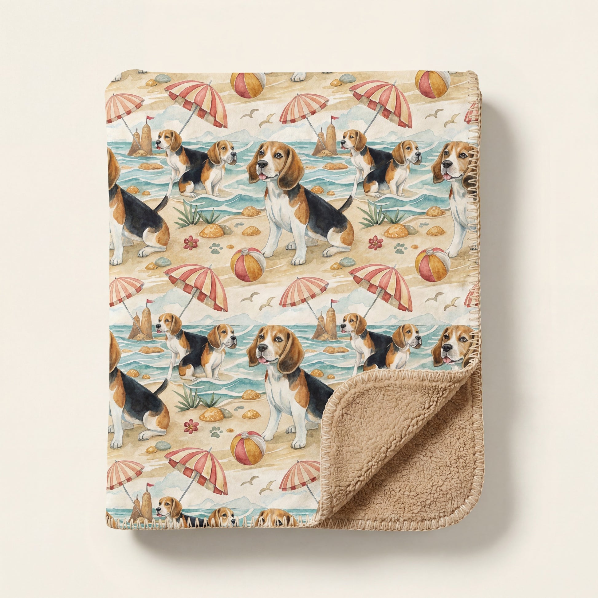 Top-down product photo of the Beagle Beach Day sherpa blanket folded on a cream background