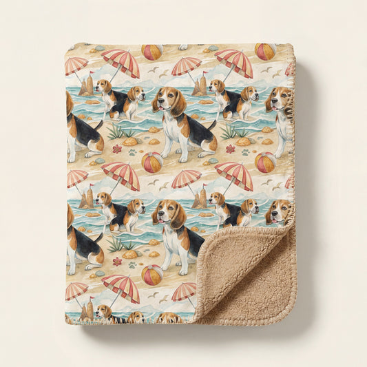 Top-down product photo of the Beagle Beach Day sherpa blanket folded on a cream background