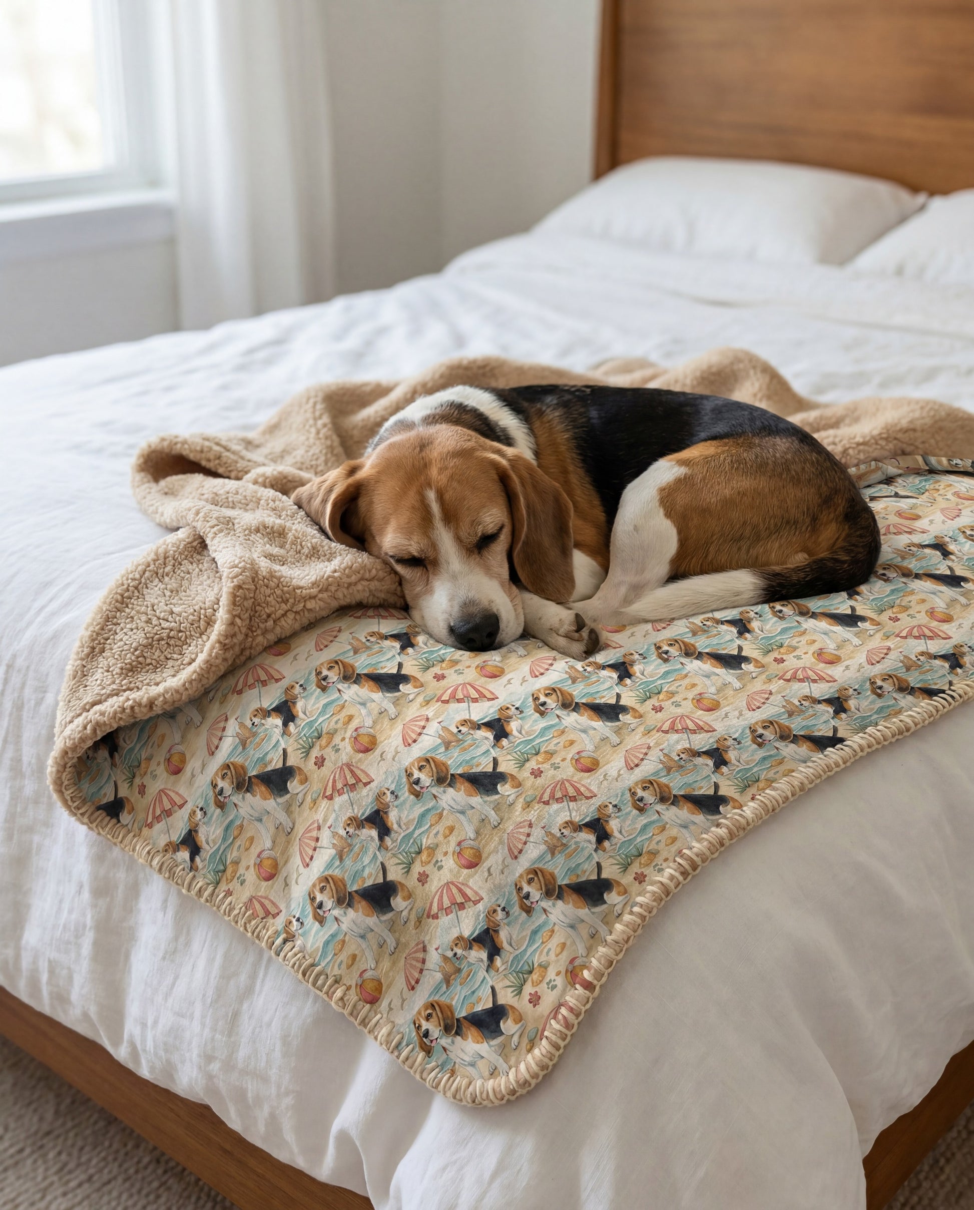Beagle curled asleep on a Beagle Beach Day Sherpa Blanket draped over a bed