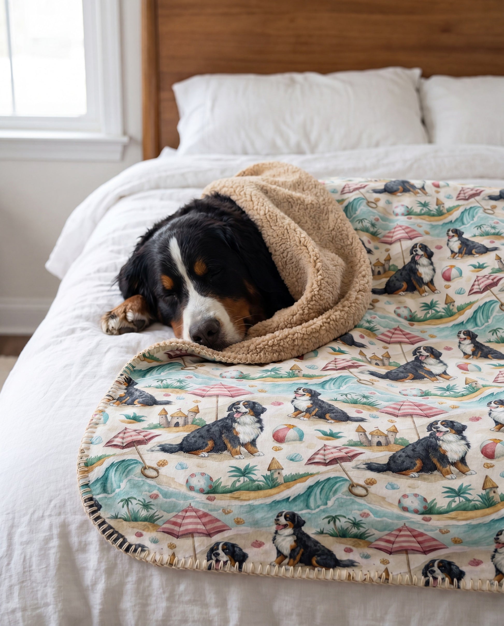 tri-color Bernese Mountain Dog curled asleep on a Bernese Mountain Dog Beach Day Sherpa Blanket draped over a bed