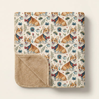 Top-down product photo of the Dapper Corgi Sherpa Blanket, folded with one corner turned back to reveal the plush sherpa lining