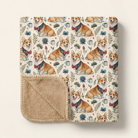Top-down product photo of the Dapper Corgi Sherpa Blanket, folded with one corner turned back to reveal the plush sherpa lining