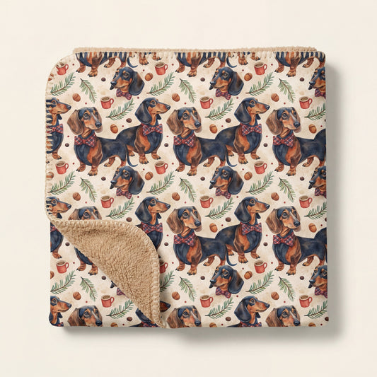 Top-down product photo of the Dapper Dachshund sherpa blanket folded on a cream background