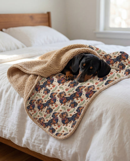 black and tan Dachshund curled asleep in a Dapper Dachshund sherpa blanket on a bed