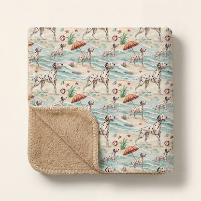 Top-down product photo of the Dalmatian Beach Day Sherpa Blanket, folded with one corner turned back to reveal the plush sherpa lining
