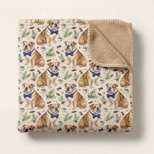 Top-down product photo of the Dapper English Bulldog sherpa blanket folded on a cream background