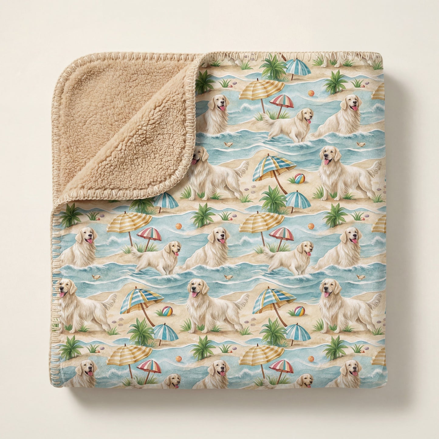Top-down product photo of the English Cream Golden Retriever Beach Day sherpa blanket folded on a cream background
