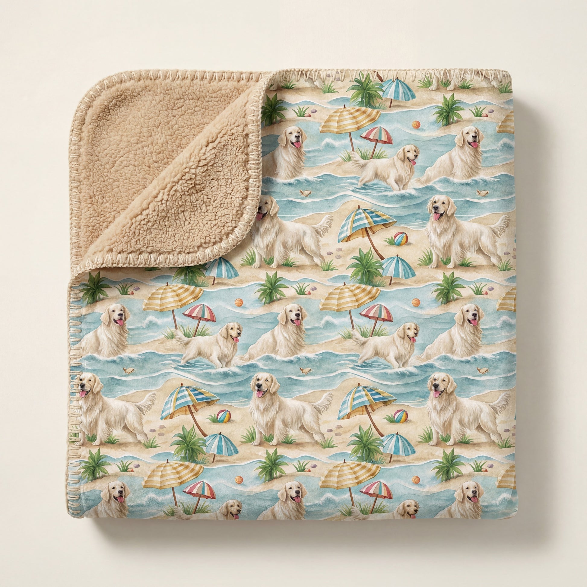 Top-down product photo of the English Cream Golden Retriever Beach Day sherpa blanket folded on a cream background