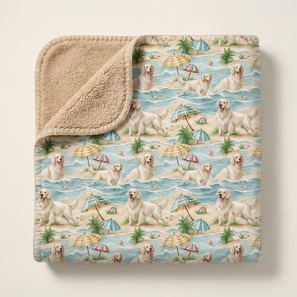 Top-down product photo of the English Cream Golden Retriever Beach Day sherpa blanket folded on a cream background