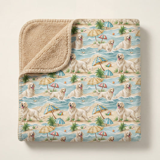 Top-down product photo of the English Cream Golden Retriever Beach Day sherpa blanket folded on a cream background