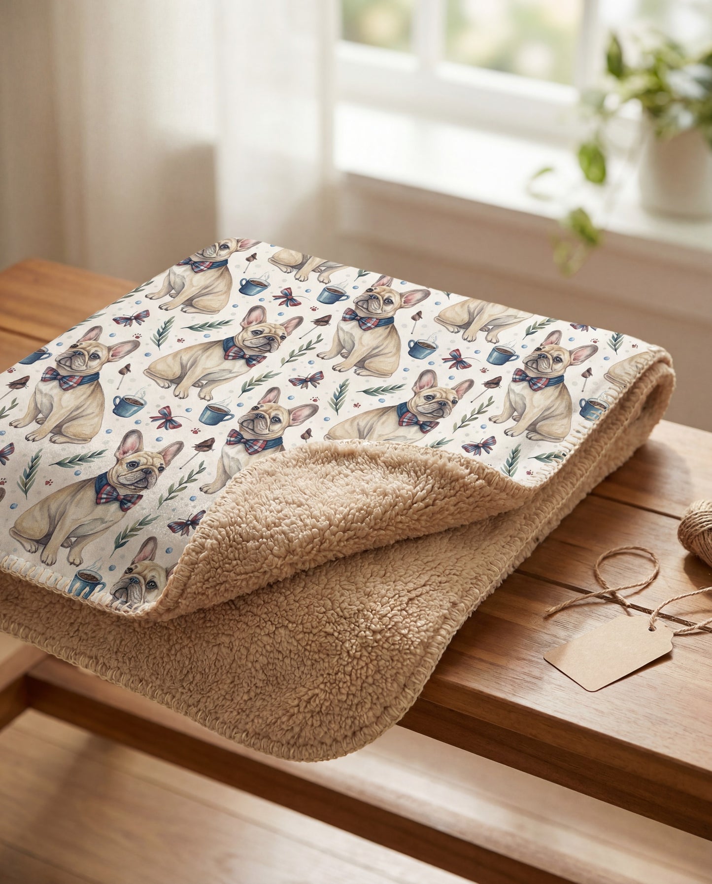 Folded Dapper French Bulldog sherpa blanket on a wooden bench with twine and a kraft gift tag