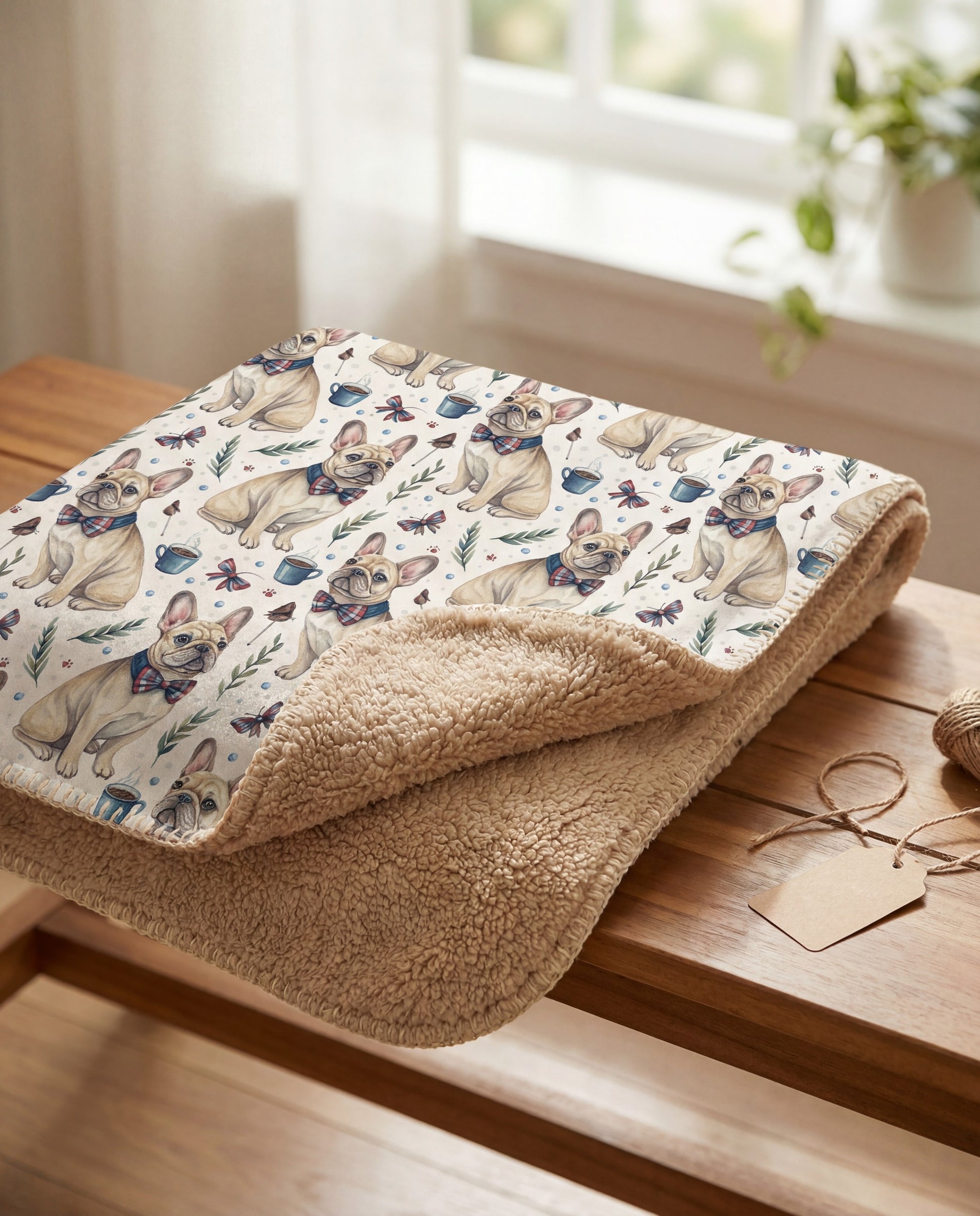 Folded Dapper French Bulldog sherpa blanket on a wooden bench with twine and a kraft gift tag