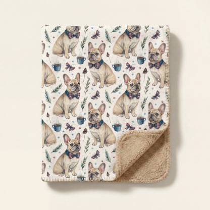 Top-down product photo of the Dapper French Bulldog sherpa blanket folded on a cream backdrop with sherpa back curling at the bottom-right corner
