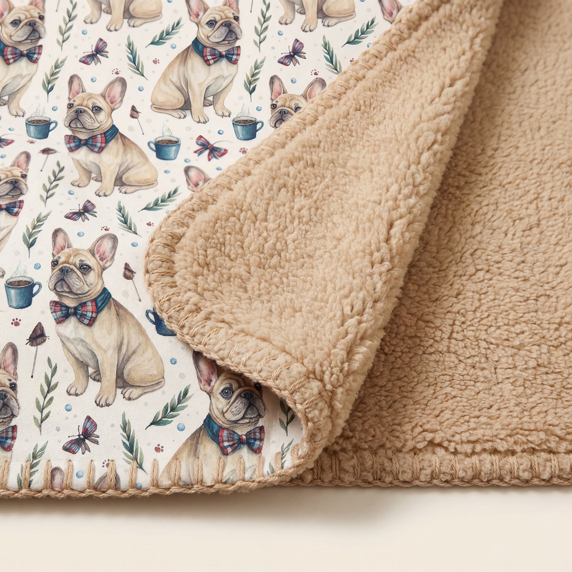 Close-up of Dapper French Bulldog sherpa blanket showing printed Frenchie front and plush tan sherpa back