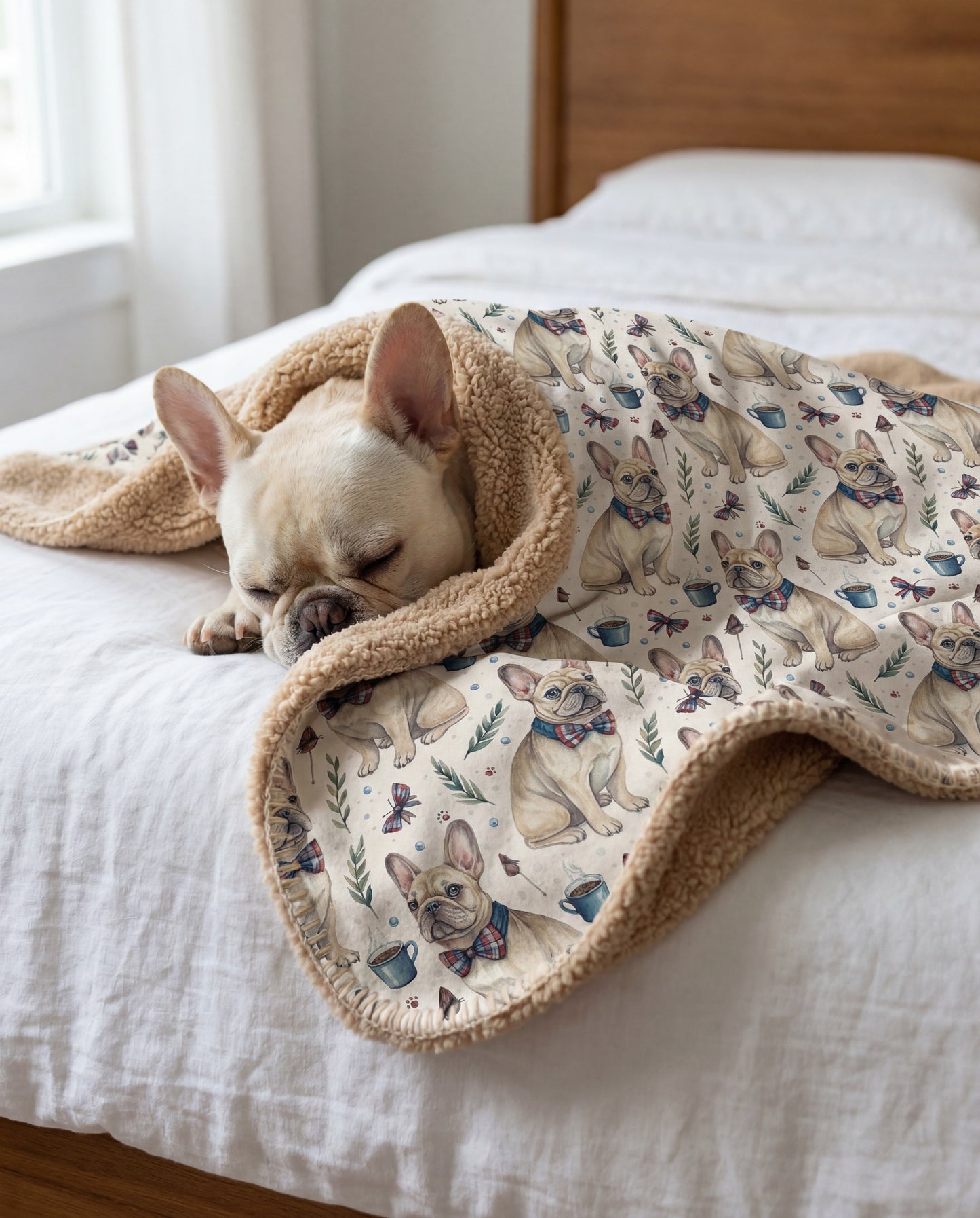 Cream French Bulldog curled asleep in a Dapper Frenchie sherpa blanket on a bed