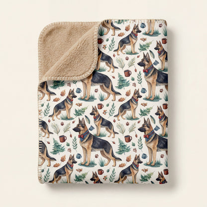 Top-down product photo of the Dapper German Shepherd sherpa blanket folded on a cream background