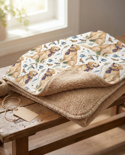 Folded Dapper Golden sherpa blanket on a wooden bench with twine and kraft gift tag