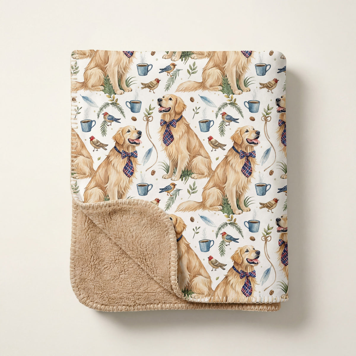 Top-down product photo of the Dapper Golden Retriever sherpa blanket folded on a cream backdrop, sherpa back visible at the corner