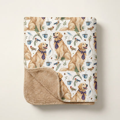 Top-down product photo of the Dapper Golden Retriever sherpa blanket folded on a cream backdrop, sherpa back visible at the corner