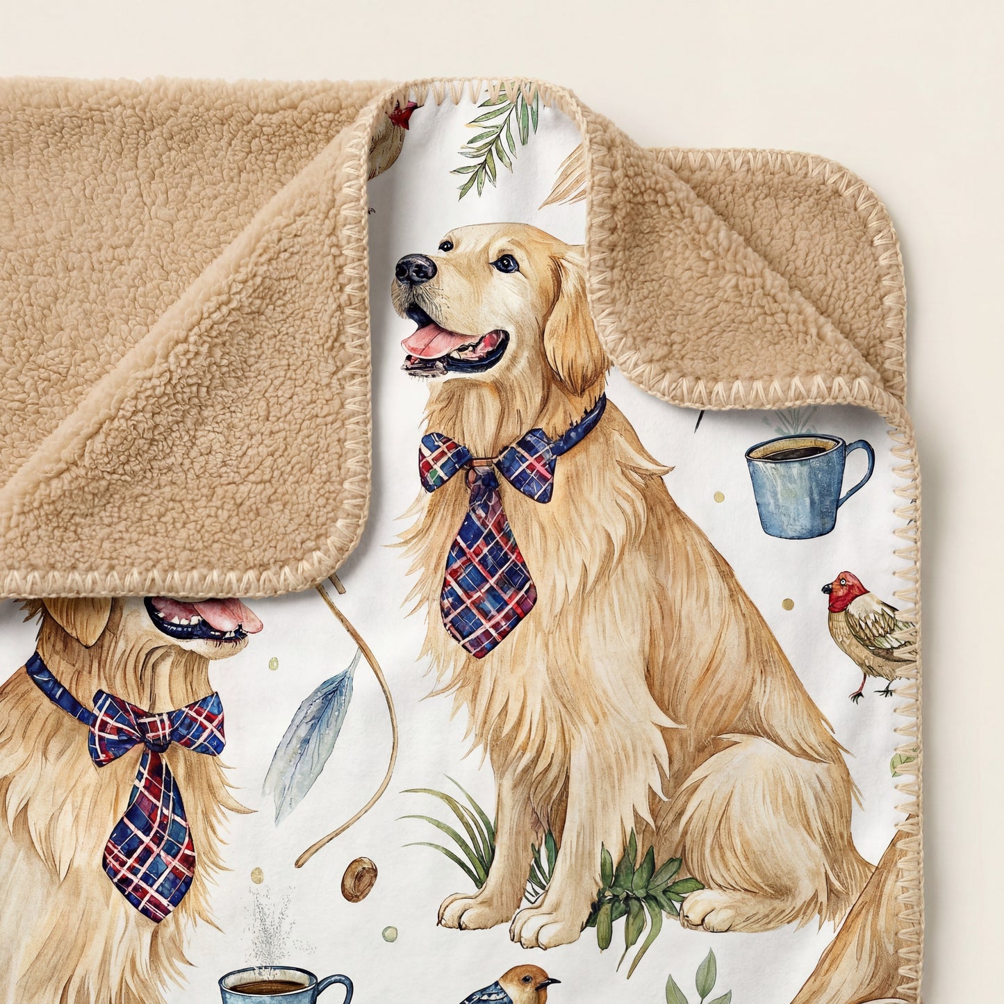 Close-up of Dapper Golden sherpa blanket showing printed Golden Retriever front and plush tan sherpa back