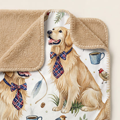 Close-up of Dapper Golden sherpa blanket showing printed Golden Retriever front and plush tan sherpa back