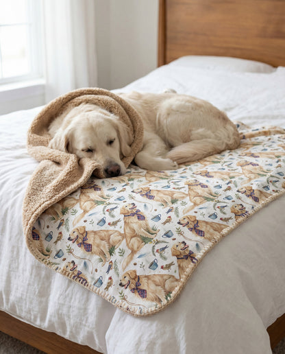 Golden Retriever curled asleep in a Dapper Golden sherpa blanket on a bed