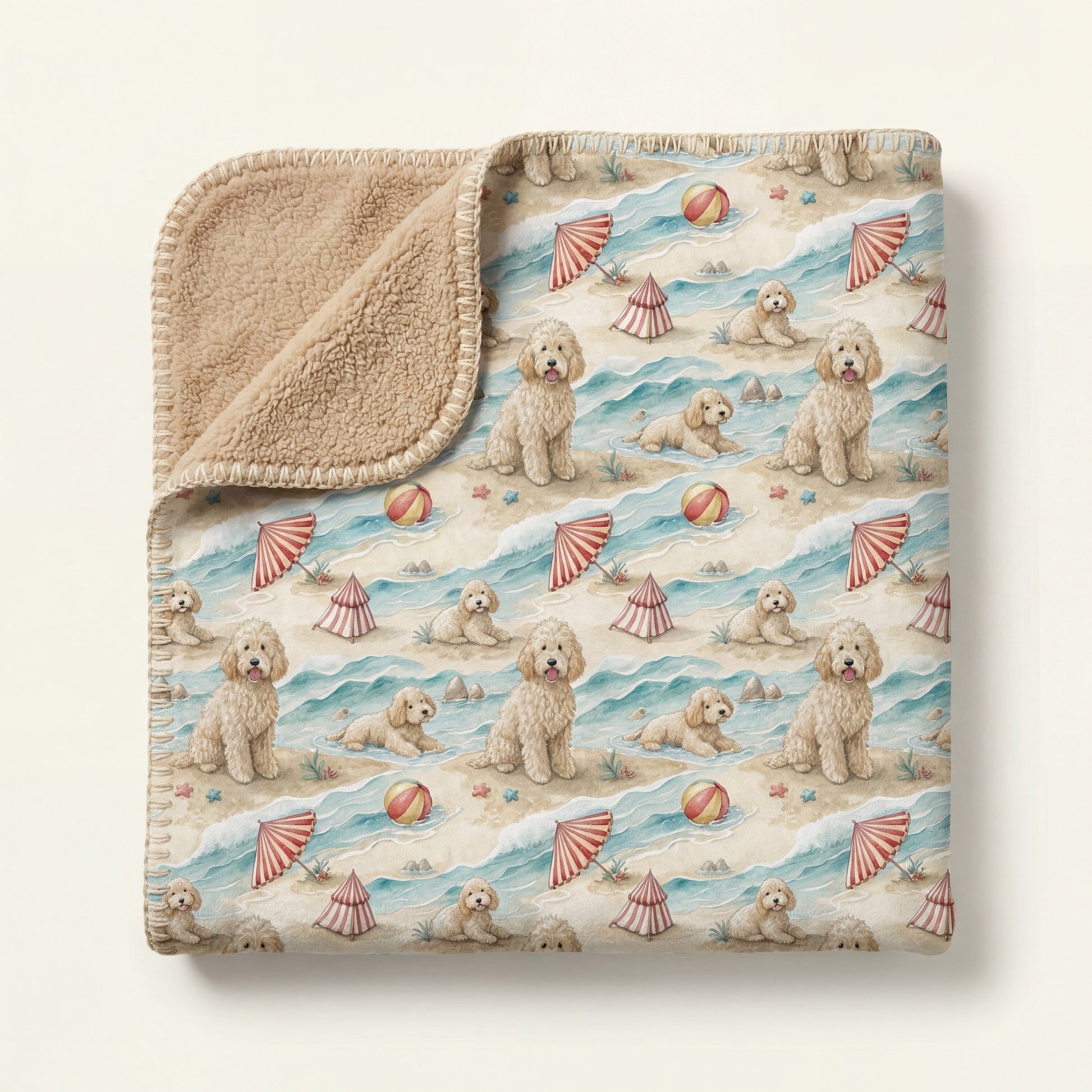 Top-down product photo of the Goldendoodle Beach Day sherpa blanket folded on a cream background