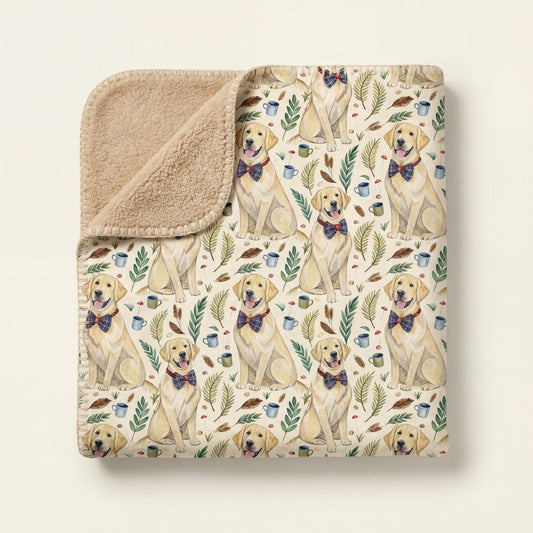 Top-down product photo of the Dapper Labrador Retriever sherpa blanket folded on a cream background
