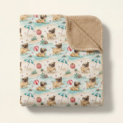 Top-down product photo of the Pug Beach Day sherpa blanket folded on a cream background