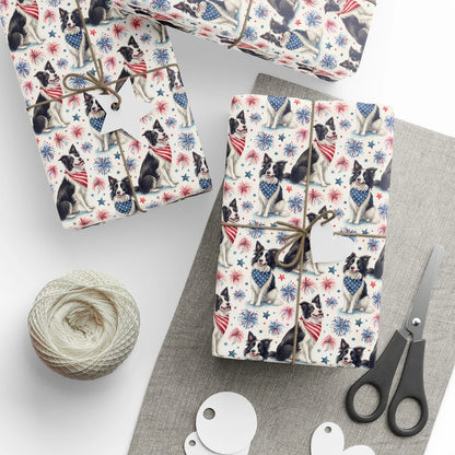 Border Collie Americana Wrapping Paper — styled gift wrapping with scissors and twine
