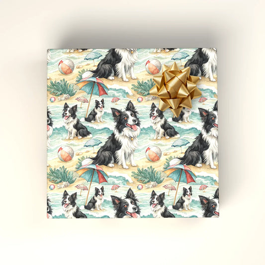 Border Collie Beach Day Wrapping Paper — wrapped gift presentation