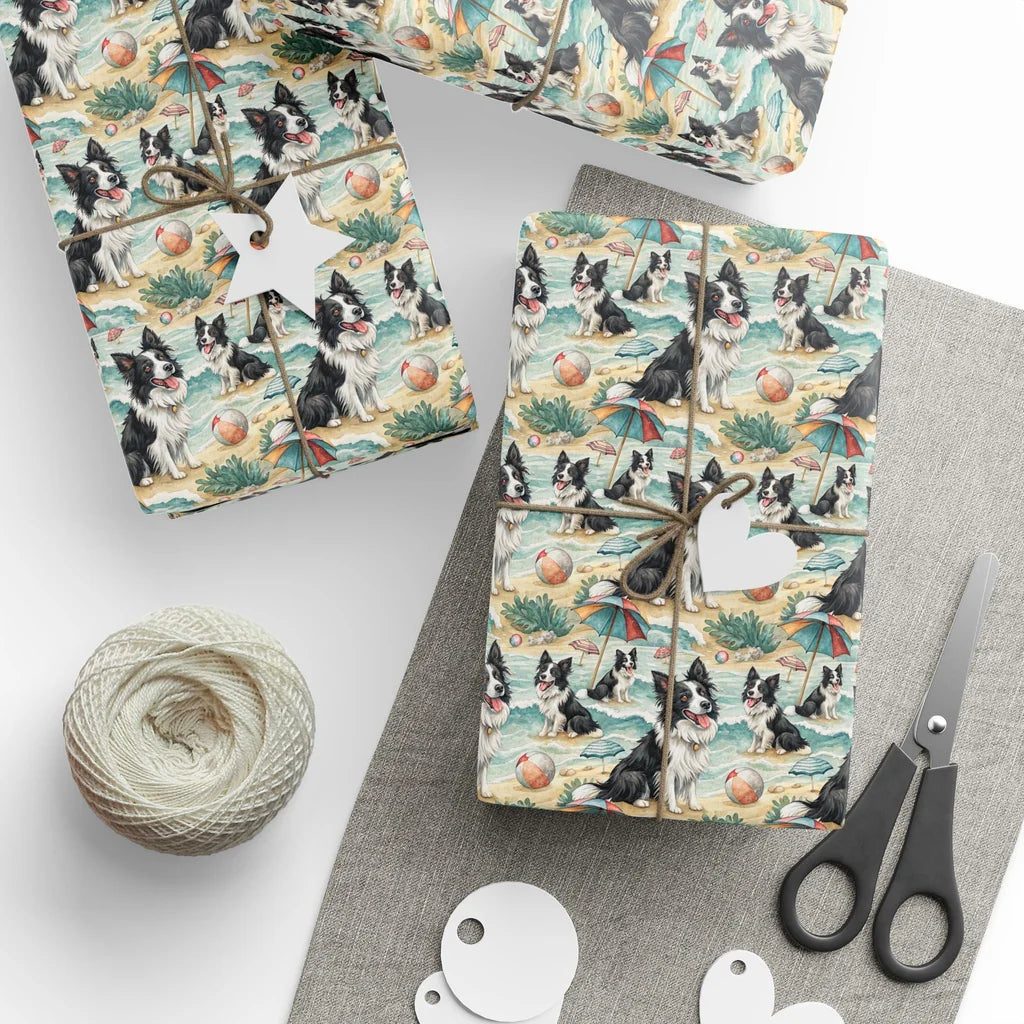 Border Collie Beach Day Wrapping Paper — styled gift wrapping with scissors and twine