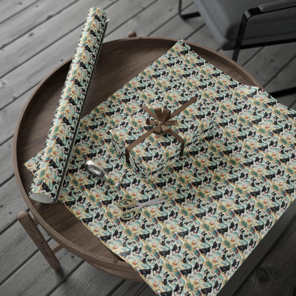 Border Collie Beach Day Wrapping Paper — gift wrapping presented on a wooden table