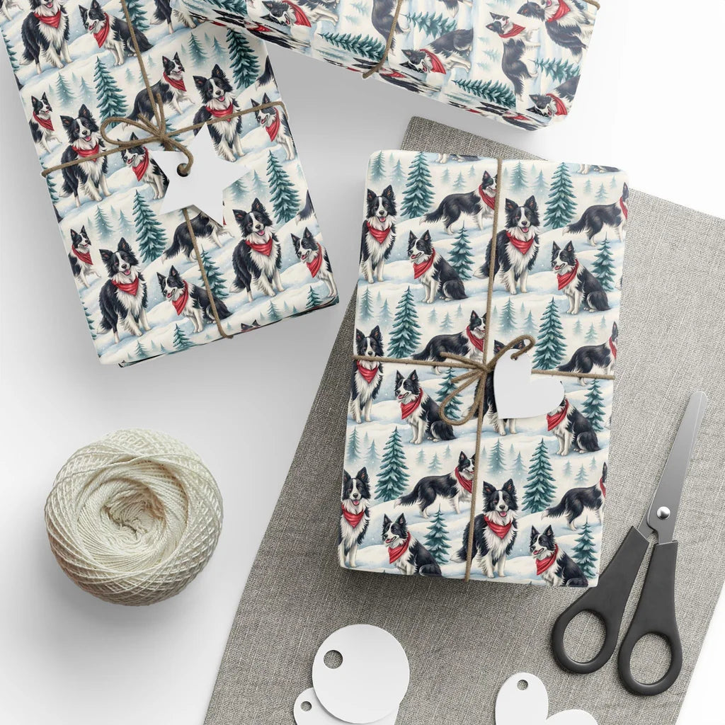 Border Collie Christmas Wrapping Paper — styled gift wrapping with scissors and twine