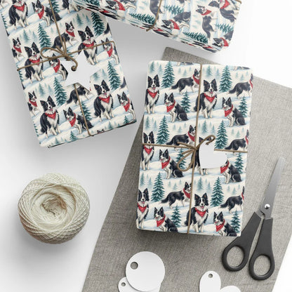 Border Collie Christmas Wrapping Paper — styled gift wrapping with scissors and twine