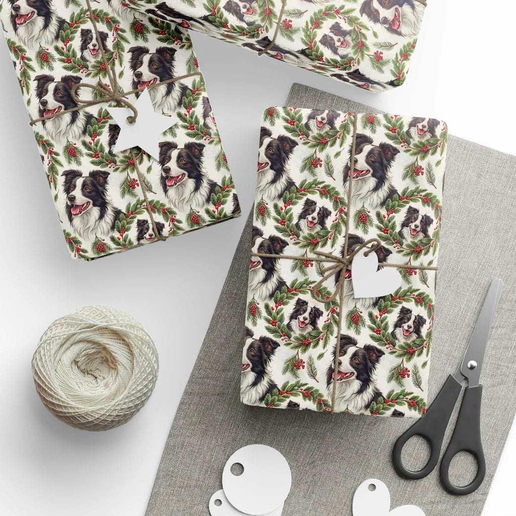 Border Collie Christmas Wrapping Paper — styled gift wrapping with scissors and twine