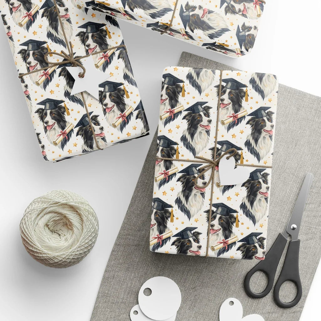 Border Collie Graduation Wrapping Paper — styled gift wrapping with scissors and twine