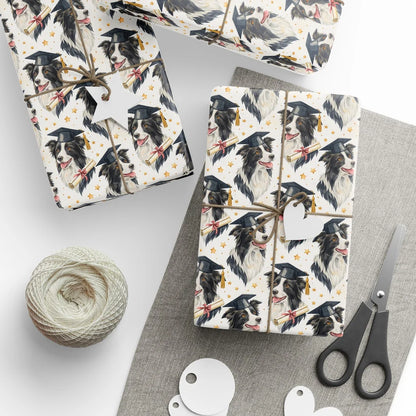 Border Collie Graduation Wrapping Paper — styled gift wrapping with scissors and twine
