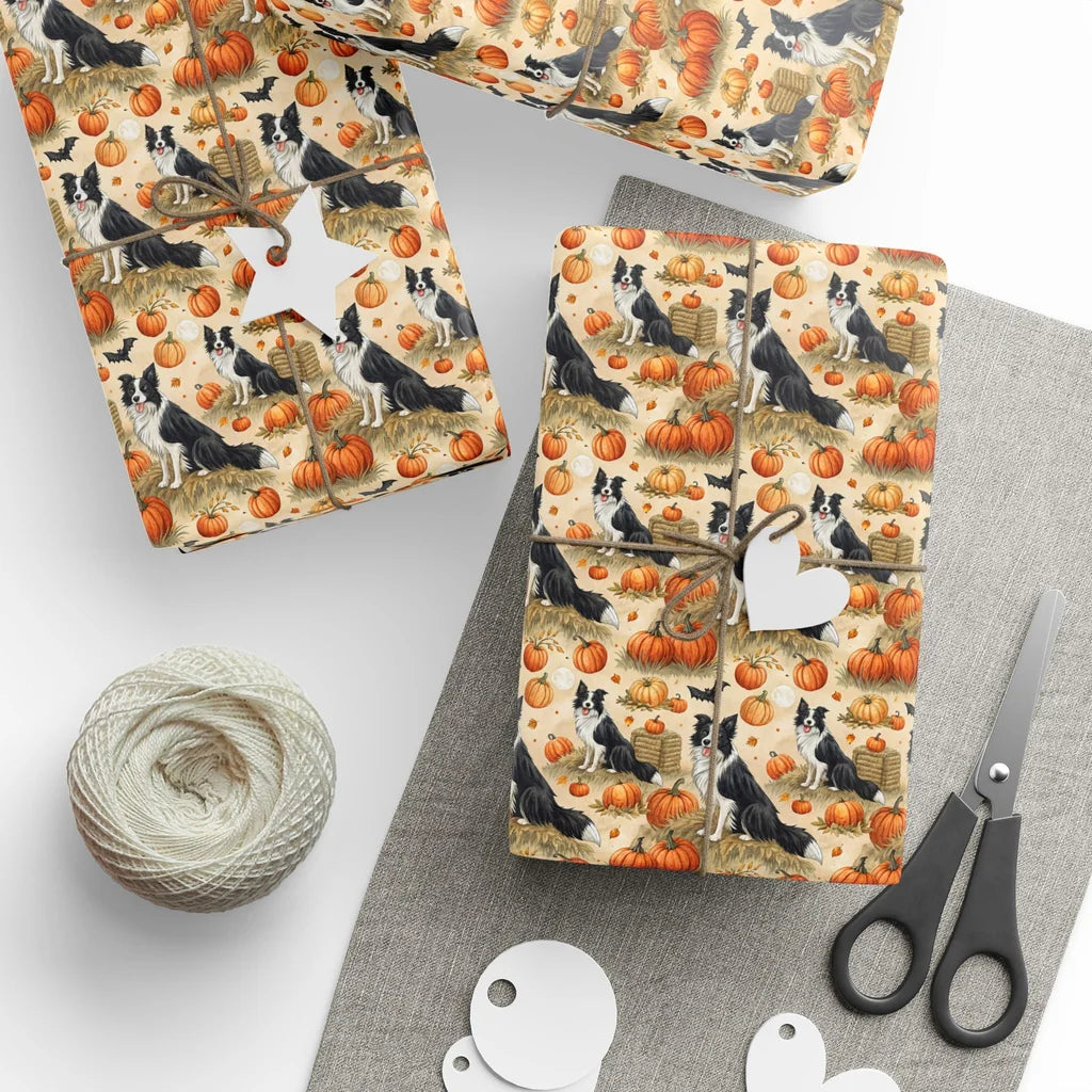 Border Collie Halloween Wrapping Paper — styled gift wrapping with scissors and twine