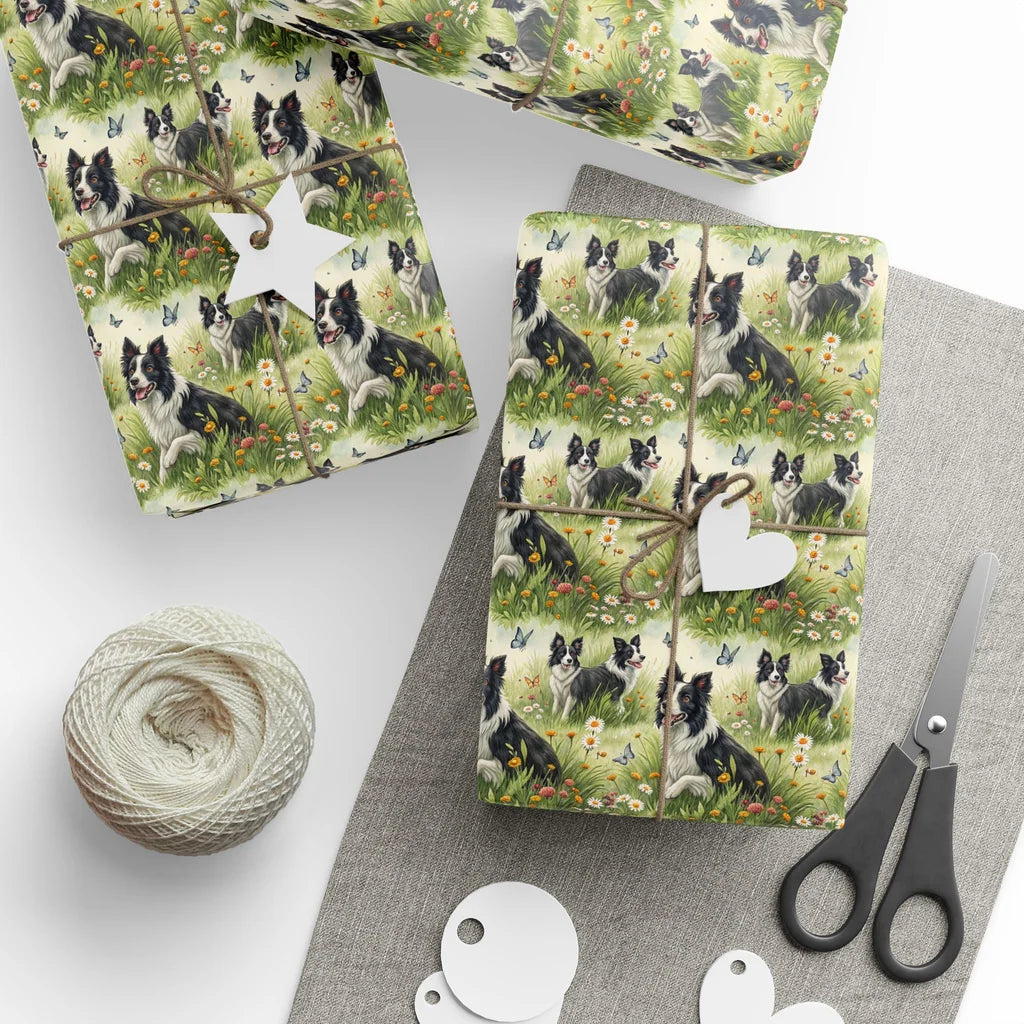 Border Collie Meadow Wrapping Paper — styled gift wrapping with scissors and twine