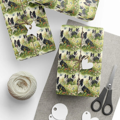 Border Collie Meadow Wrapping Paper — styled gift wrapping with scissors and twine