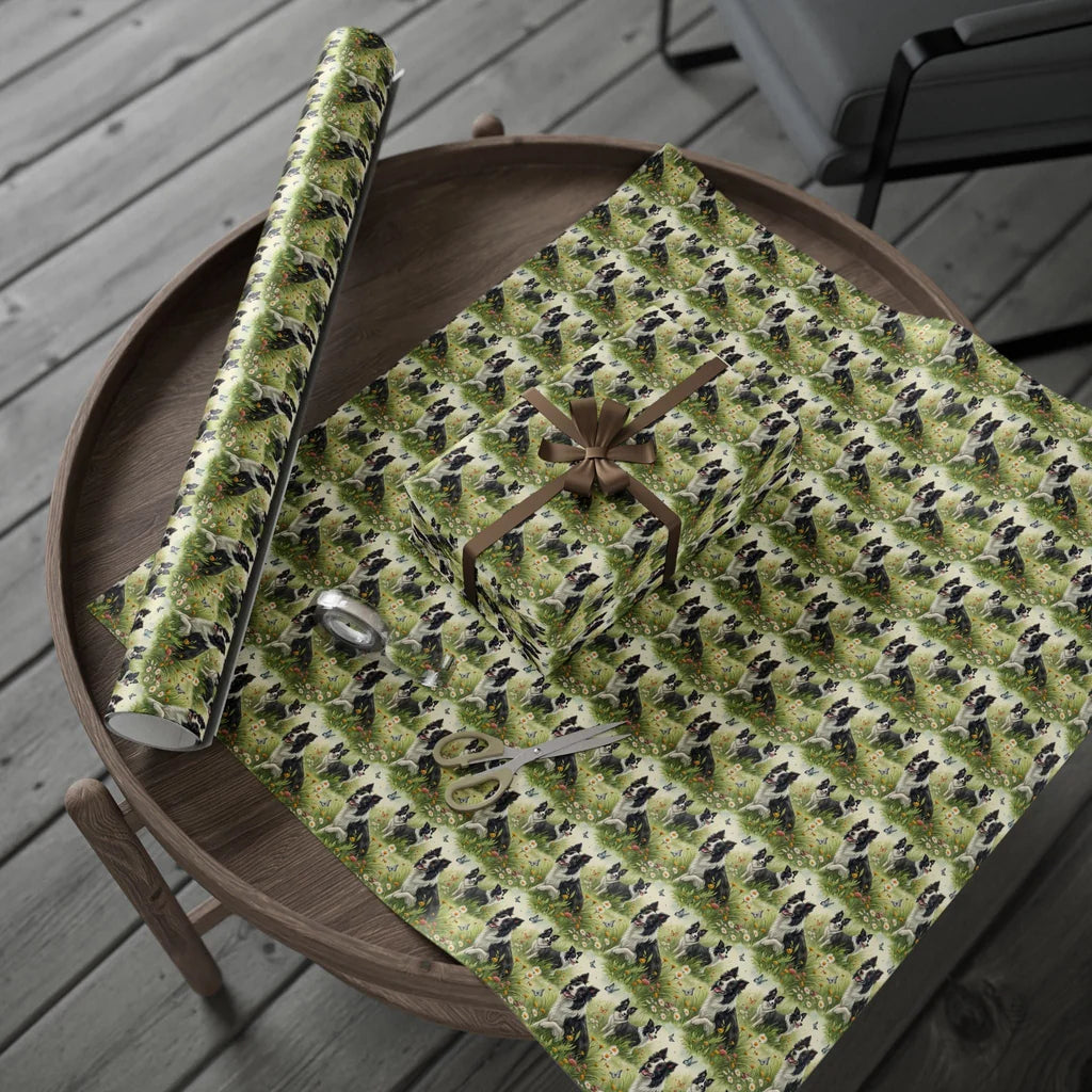 Border Collie Meadow Wrapping Paper — gift wrapping presented on a wooden table