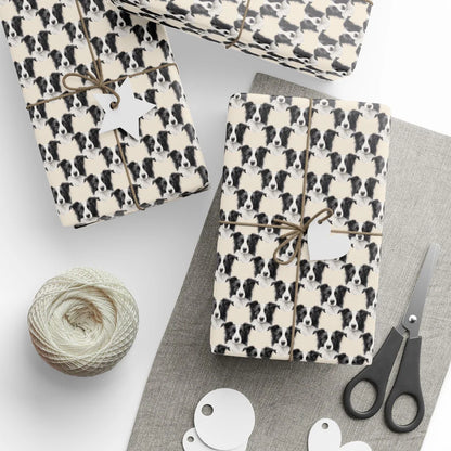 Border Collie Portrait Wrapping Paper — styled gift wrapping with scissors and twine