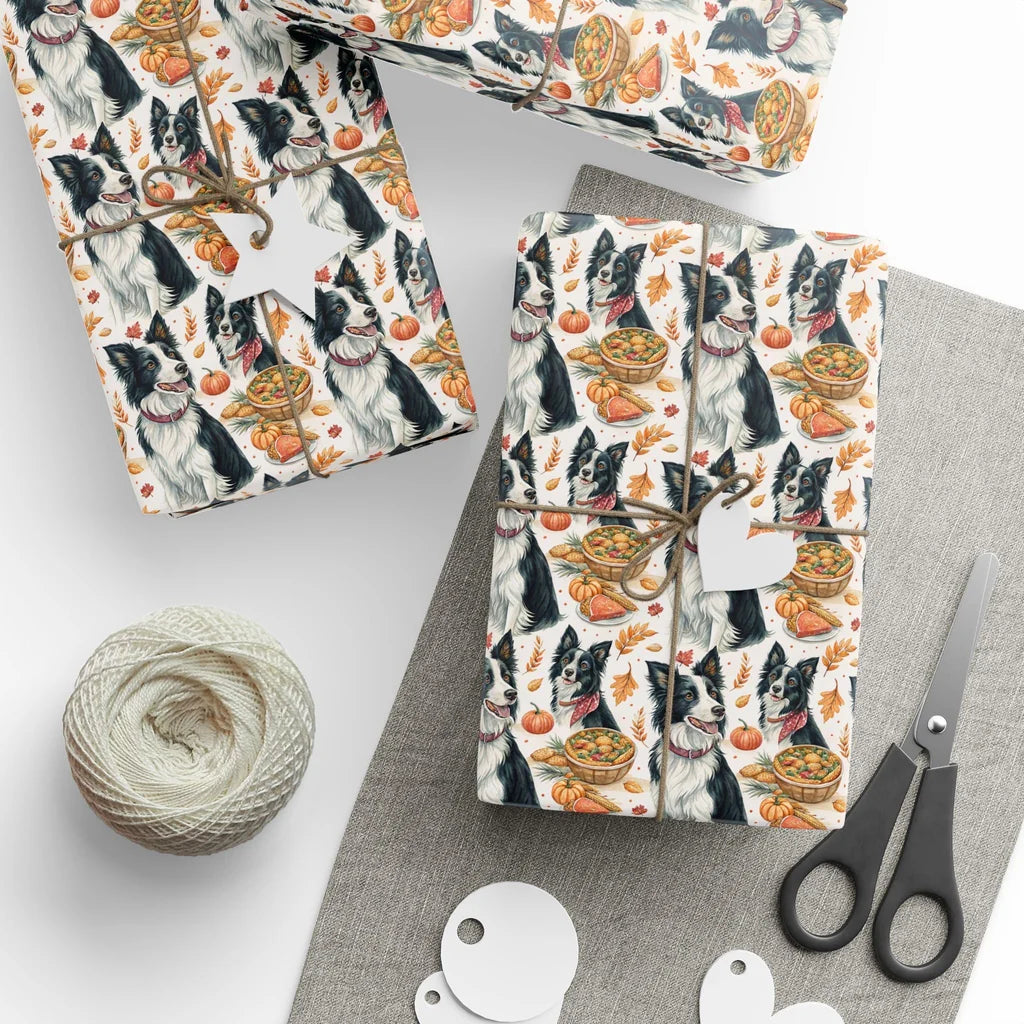 Border Collie Thanksgiving Wrapping Paper — styled gift wrapping with scissors and twine