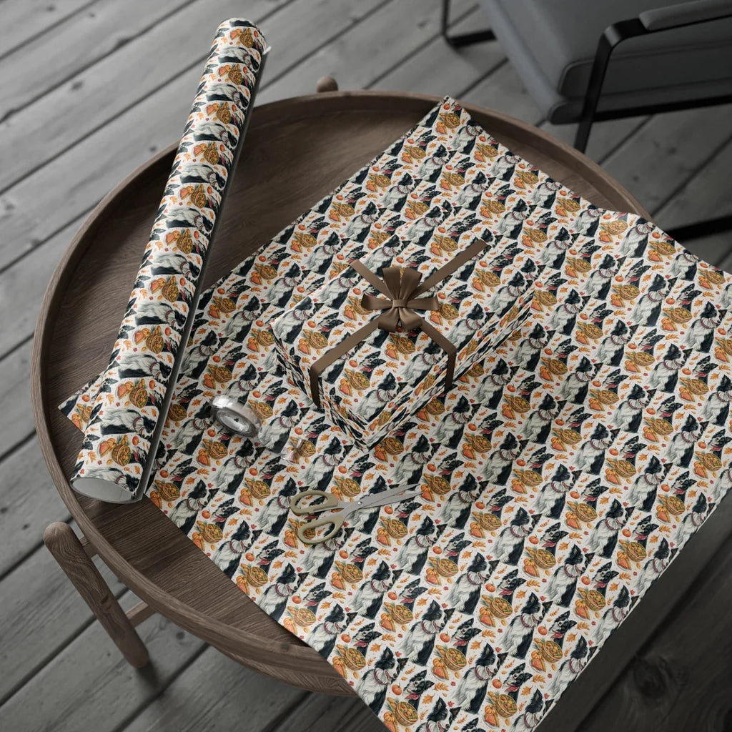 Border Collie Thanksgiving Wrapping Paper — gift wrapping presented on a wooden table