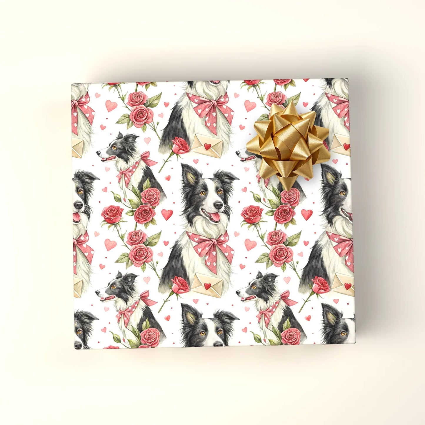 Border Collie Valentine's Day Wrapping Paper — wrapped gift presentation