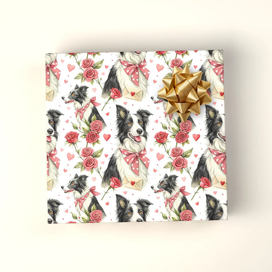 Border Collie Valentine's Day Wrapping Paper — wrapped gift presentation