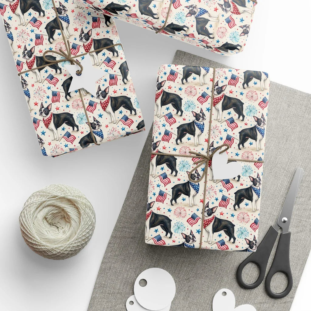 Boston Terrier Americana Wrapping Paper — styled gift wrapping with scissors and twine