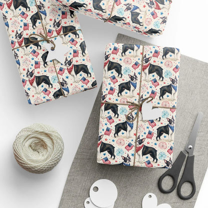 Boston Terrier Americana Wrapping Paper — styled gift wrapping with scissors and twine